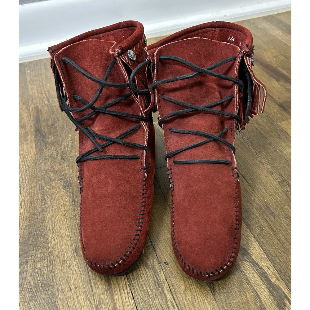90s Minnetonka 429 Fringe ankle boots red suede leather Size 8 Moccasins - Picture 3 of 10